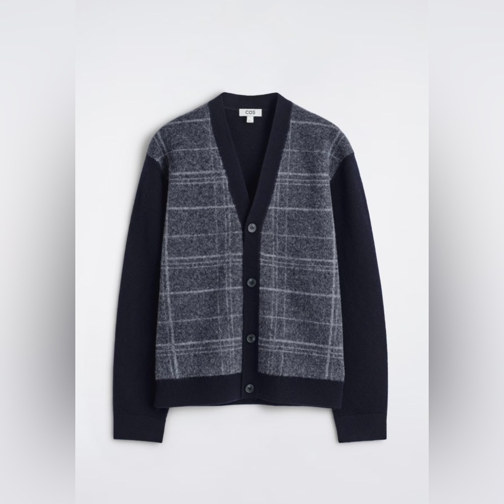 COS Checked Wool V-Neck Cardigan in Navy/Grey Size L. NWT